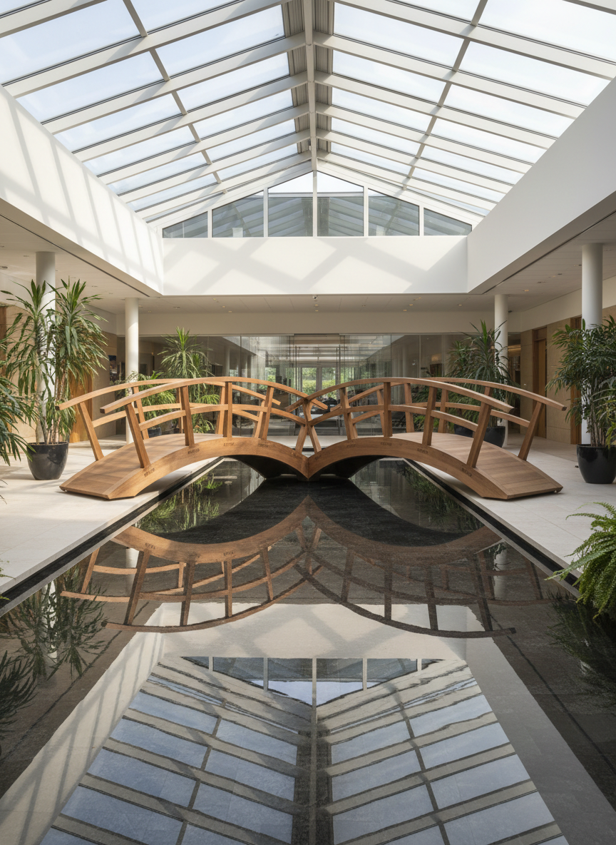 Two intricately carved wooden bridges, one light oak and one deep walnut, arc toward each other over a smooth, reflective pool in a modern office atrium, meeting seamlessly at the center to form a single, sturdy path. The water below mirrors the joined structure, doubling the sense of connection and trust. Soft morning sunlight filters through a skylight, creating gentle highlights on the wood grain and rippling reflections on the surrounding pale stone floor. The atmosphere is calm and contemplative, with potted greenery adding touches of life. Photographic realism, eye-level composition using the rule of thirds, leading lines of the bridges drawing the viewer toward their point of union, symbolizing mutual respect between different perspectives.