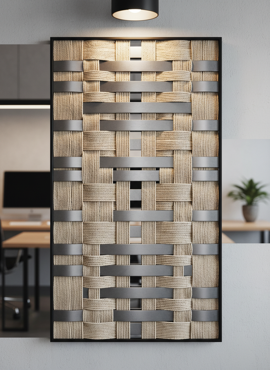 A close-up, photographic-realistic view of two contrasting materials—smooth, cool brushed metal and warm, textured natural linen—carefully interwoven into a single, seamless tapestry stretched within a minimalist black frame on an office wall. Each strand maintains its distinct color and texture while forming a stable, balanced pattern that suggests interdependence and trust. Soft, warm pendant lighting from above creates delicate highlights along the metal threads and gentle shadows in the linen weave, producing a calm, reflective atmosphere. Shot straight-on with a shallow depth of field, the artwork fills most of the frame while the edges hint at a professional workspace beyond, serving as a subtle visual metaphor for mutual respect between different strengths and viewpoints.