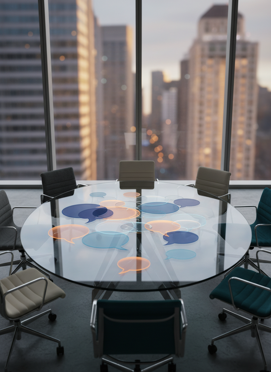A round glass conference table seen from a slightly elevated angle, its clear surface reflecting a network of interlocking, translucent shapes in soft blues and warm ambers that resemble overlapping speech bubbles. Around the table are sleek, unoccupied ergonomic chairs, subtly varied in color and texture to suggest diversity without depicting people. Floor-to-ceiling windows reveal a calm cityscape at dusk, with diffused golden hour light casting gentle reflections across the polished floor. The mood is professional, thoughtful, and optimistic. Photographic realism with a clean, modern aesthetic, shallow depth of field keeping the table and reflections in crisp focus while the skyline softens into a subtle bokeh, visually symbolizing mutual respect guiding collective decision-making.