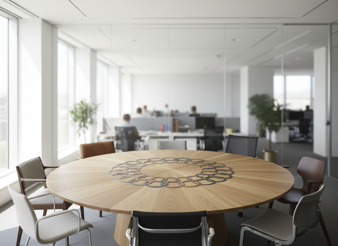 In a bright, glass-walled meeting space, a large circular wooden table dominates the foreground, its natural grain radiating outward like subtle sunbeams. Embedded in the table’s surface is a precise inlay of interlocking metal rings in varied muted tones—silver, copper, and gunmetal—touching but never overlapping, symbolizing distinct yet connected roles. Around the table are neatly placed, unoccupied chairs of different designs, suggesting varied backgrounds. Midday natural light pours in from the side, casting soft, even illumination and minimal shadow, producing a balanced, neutral atmosphere. Photographic realism with an eye-level composition and moderate depth of field keeps the table and inlay in sharp focus while the background offices blur gently, reinforcing the idea of mutual respect as the central hub of organizational life.