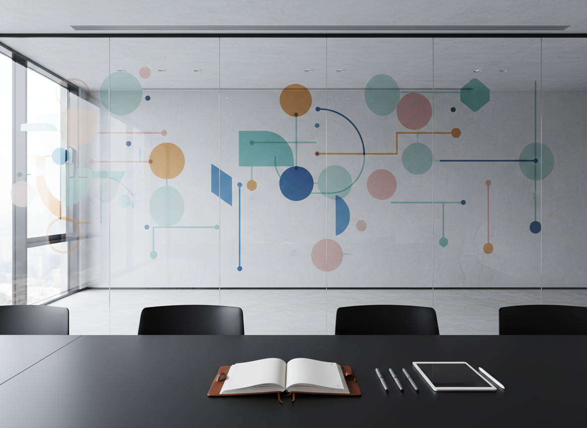 A large transparent glass wall in a contemporary boardroom, covered not with text but with overlapping colorful geometric shapes—circles, lines, and hexagons—that subtly intersect without obscuring one another, suggesting clear yet harmonious viewpoints. On the sleek matte-black table below rests a single, open leather-bound notebook beside a balanced arrangement of pens and a tablet, all unused, indicating readiness to listen before acting. Soft, diffused overcast daylight enters from unseen windows, creating minimal shadows and a neutral, focused mood. Photographic realism with a wide-angle lens, sharp focus throughout the scene, and a clean, minimalist composition that emphasizes openness, clarity, and mutual respect as the foundation for strategic decision-making.